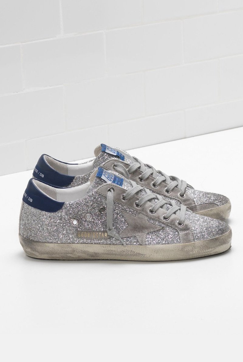Golden ☆SUPERSTAR SILVER HEEL TAB BLUE STAR SNEAKERS Men's Super-Star LTD in mesh and leather with silver star
