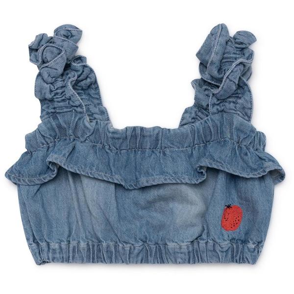 kids bobo choses ruffles denim top - blue kids bobo choses ruffles denim top - blue