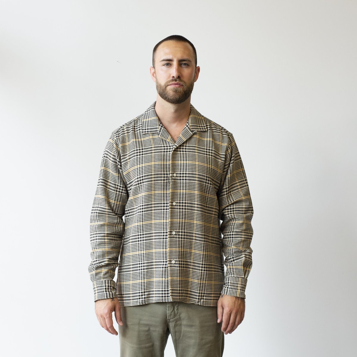 Gitman Bros. Vintage Cotton Houndstooth Tweed Long Sleeve Camp Shirt - Black - Image 1 of 5