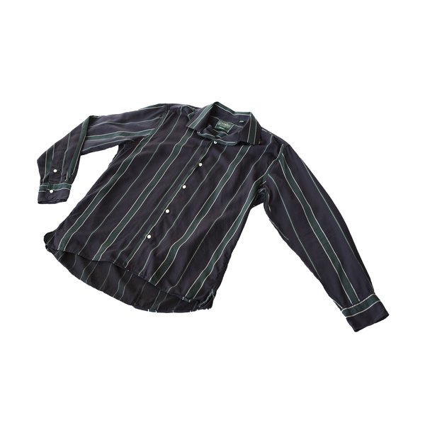 Gitman Bros. Satin Regimental Stripe Long Sleeve Camp Shirt - Green/Navy