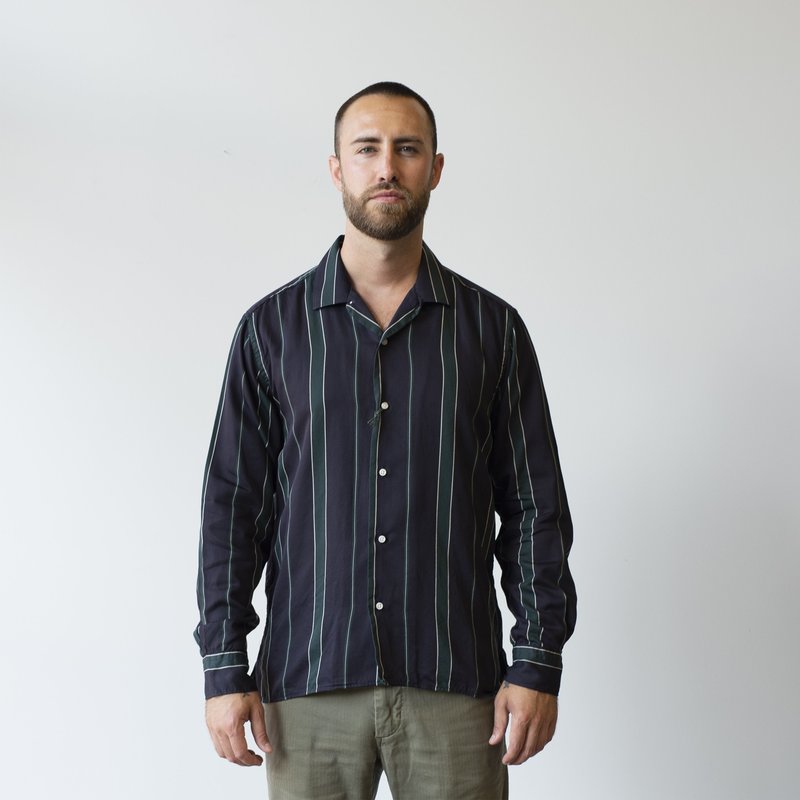 Gitman Bros. Satin Regimental Stripe Long Sleeve Camp Shirt - Green/Navy