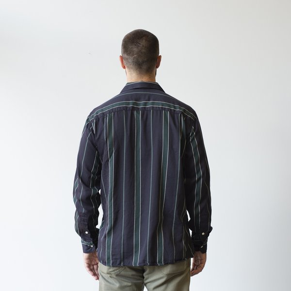 Gitman Bros. Satin Regimental Stripe Long Sleeve Camp Shirt - Green/Navy
