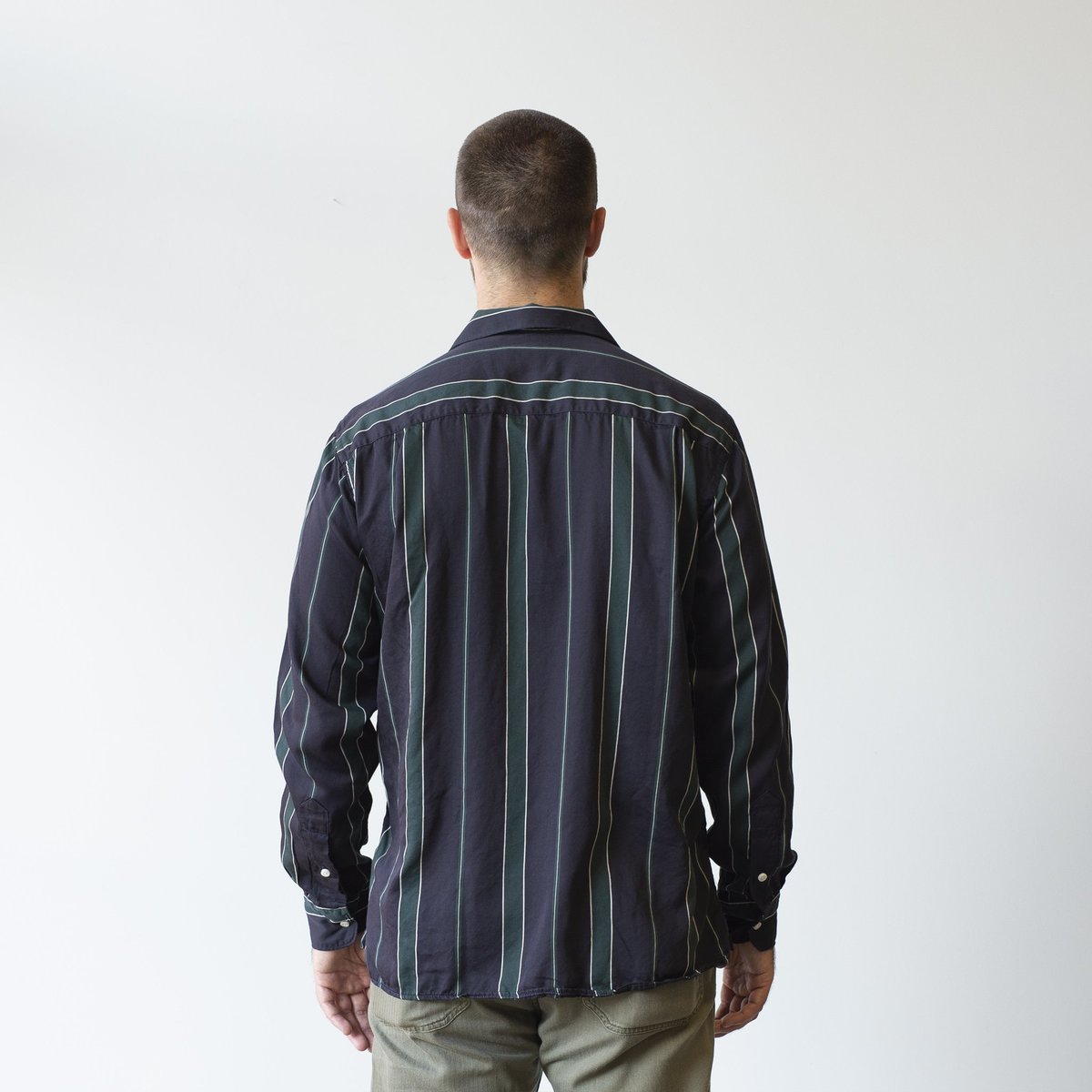 Gitman Bros. Satin Regimental Stripe Long Sleeve Camp Shirt - Green/Navy - Image 5 of 5