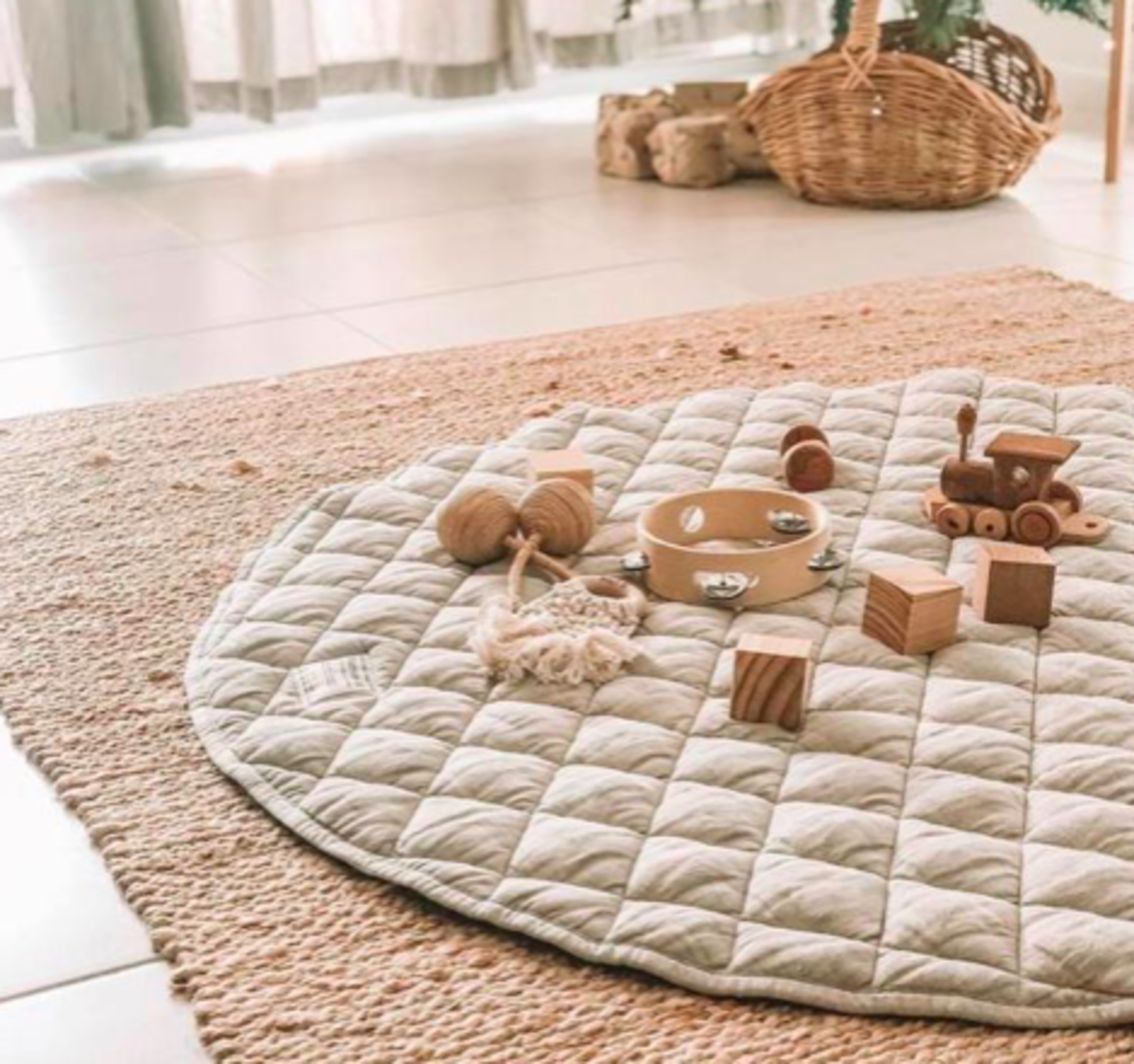 Kids Warren Hill French Linen Quilted Play Mat Natural Garmentory