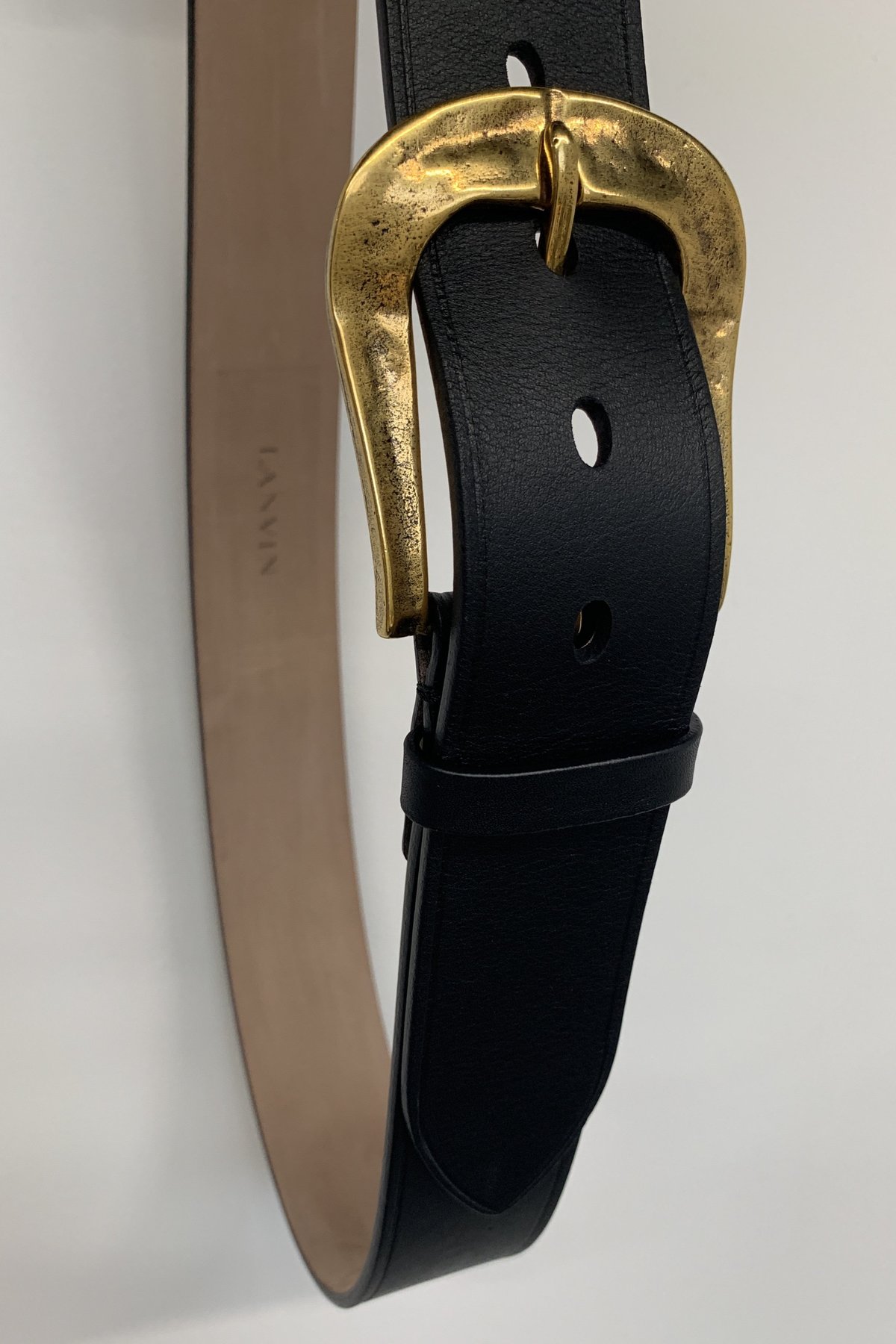 Vintage Large Gold Lancret Victorian Leather Black Belt Harry Rosenfeld M/L Lanvin Black Leather Belt with Gold Buckle main image 2