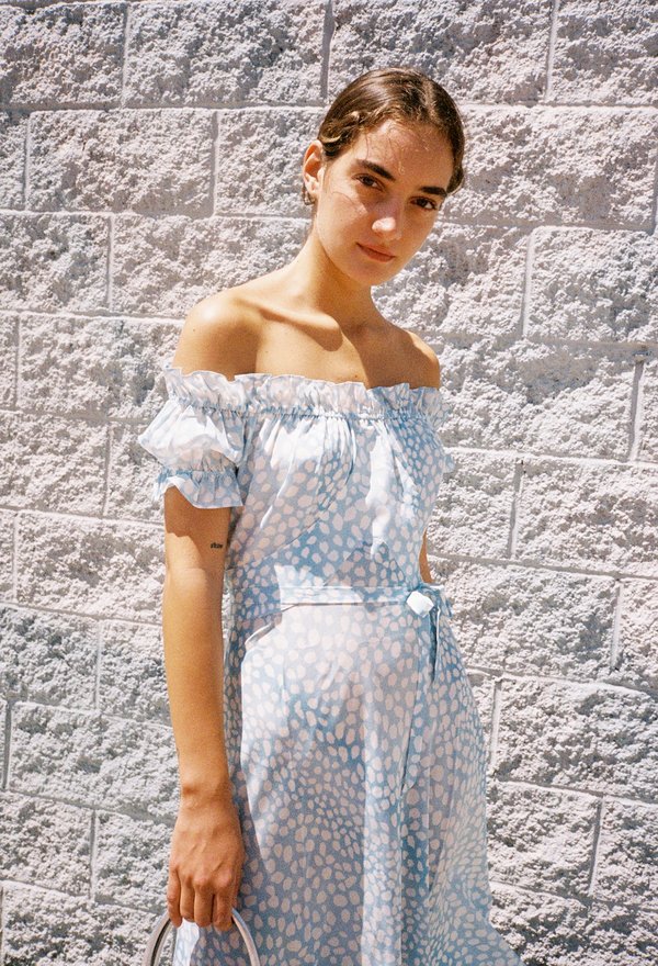 RIXO LONDON Bella OTS Ruched Dress - Blue Leopard | Garmentory
