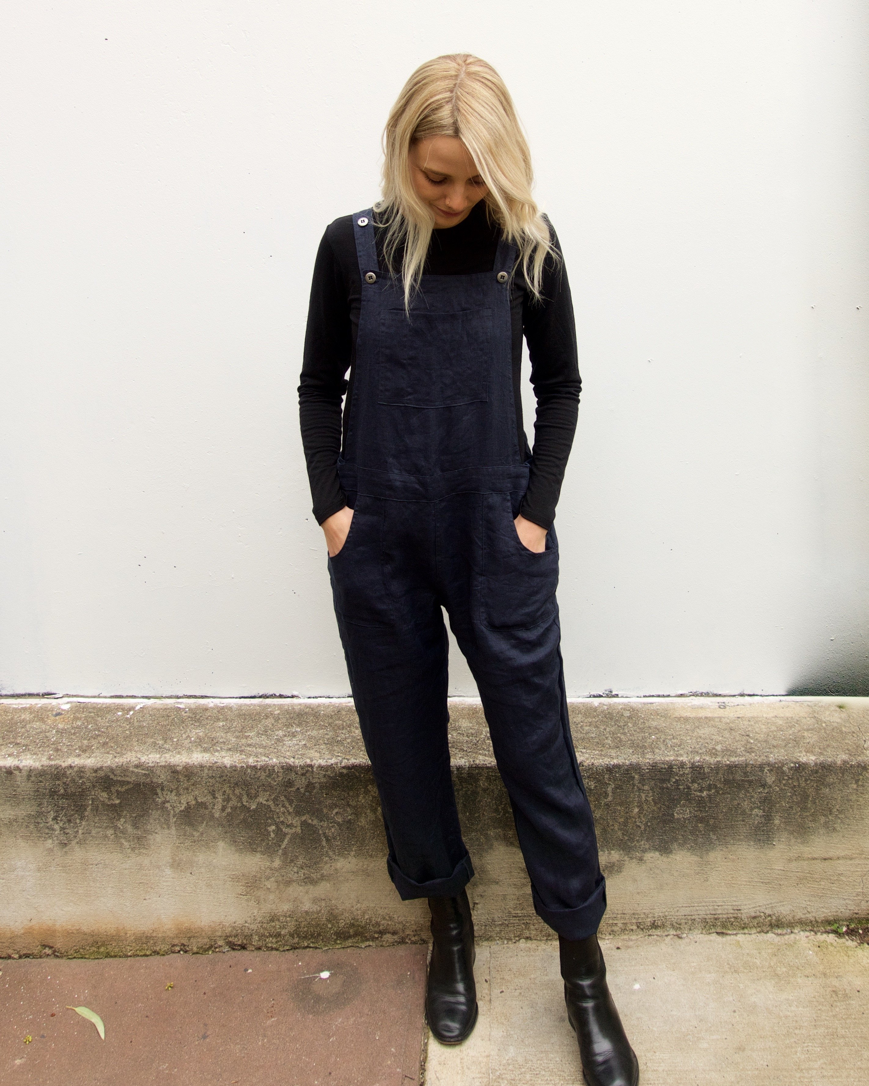 navy linen dungarees