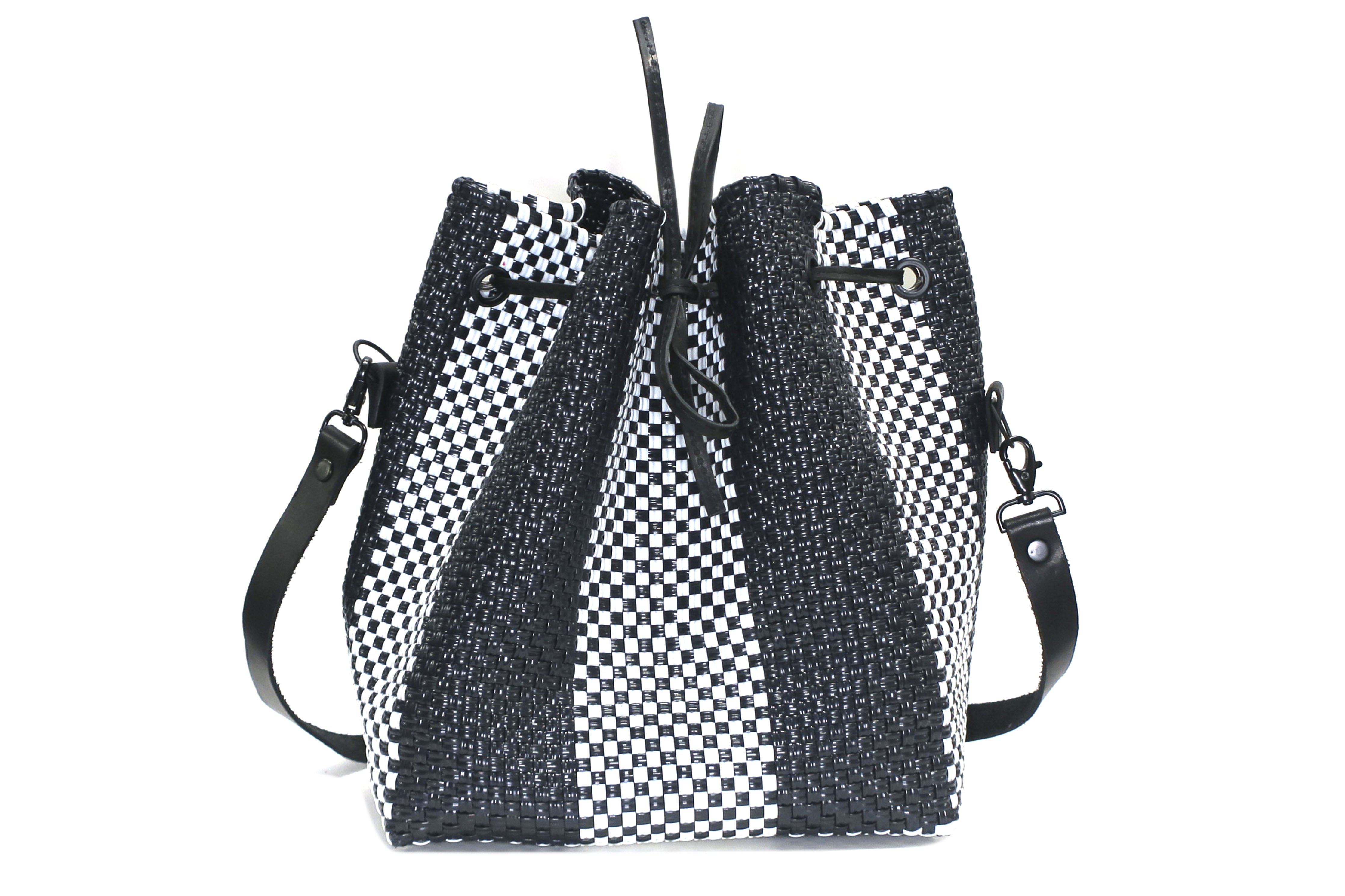 Striped Black & White Drawstring Bucket Bag LEE55-006 Lee Stripe Collection Drawstring Bucket Crossbody  main image 3