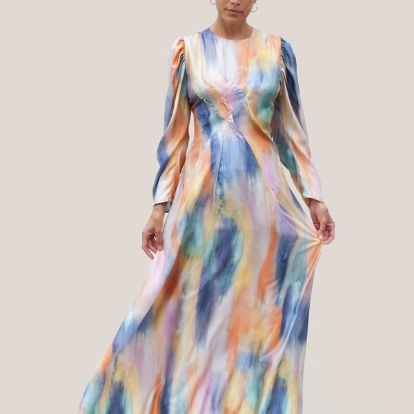 flowy rainbow dress Rainbow Maxi Dress with Criss Cross Back