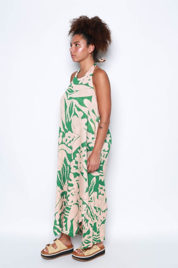 Tropical Print Halter Dress, Peach + Moss Green | Garmentory