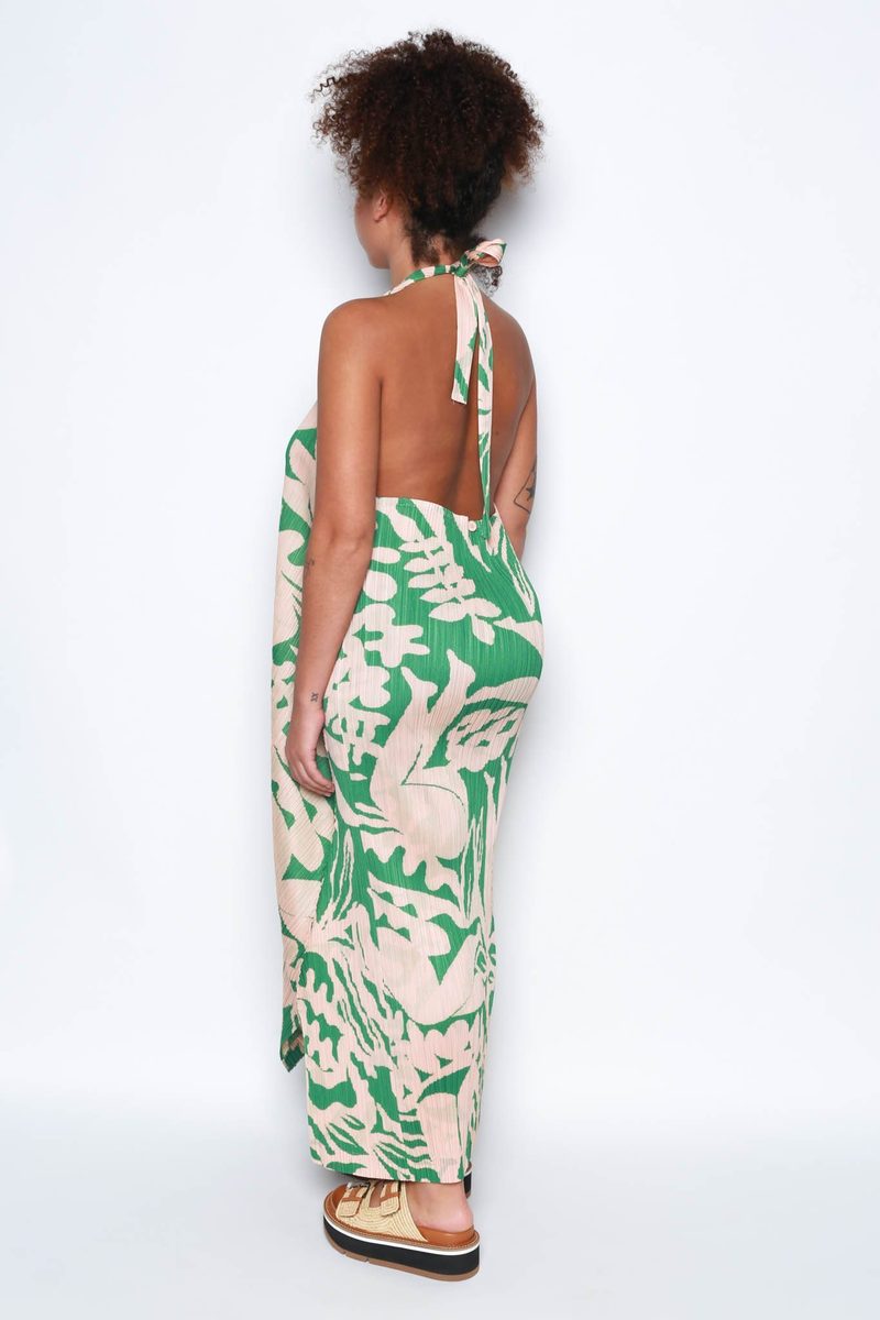 Tropical Print Halter Dress, Peach + Moss Green | Garmentory