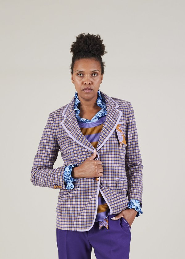 The Gigi Alma Check Blazer - Purple/Gold Plaid | Garmentory