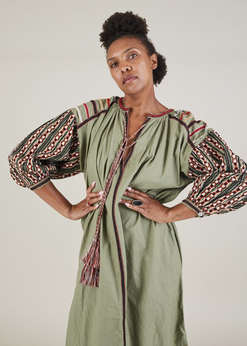 V. de. Vinster Embroidered Balloon Sleeve Dress - Olive Green 