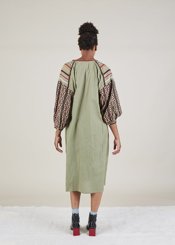 V. de. Vinster Embroidered Balloon Sleeve Dress - Olive Green 