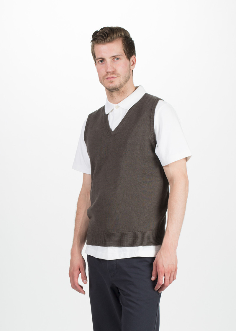 Margaret Howell Linen V-Neck Vest - Mouse Brown | Garmentory