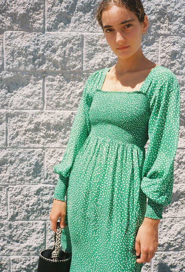 RIXO LONDON Marianne Smocked Micro Floral Dress - Green | Garmentory RIXO LONDON Marianne Smocked Micro Floral Dress - Green | Garmentory