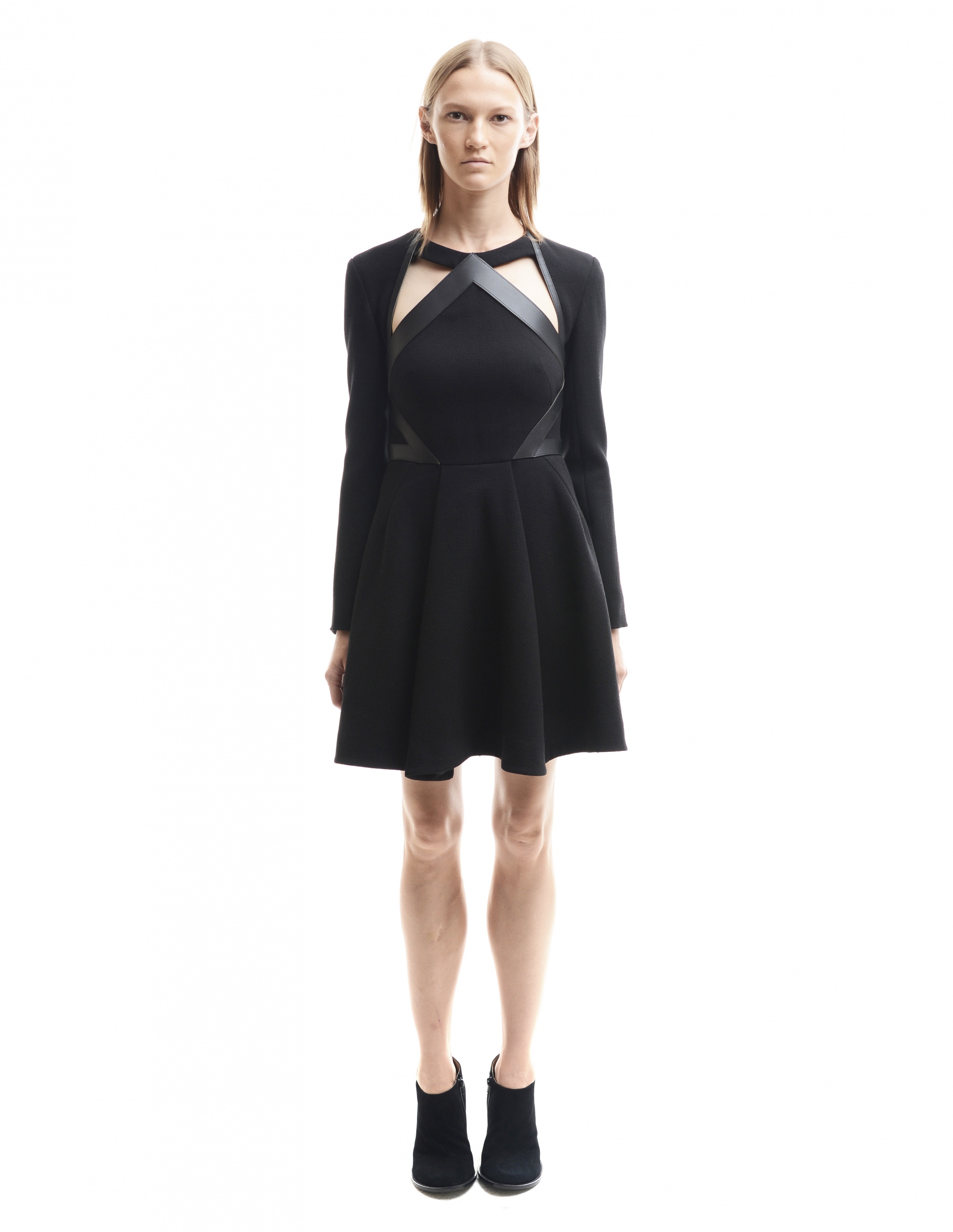 David Koma Black Cut-Out Leather Trimmed Dress | Garmentory