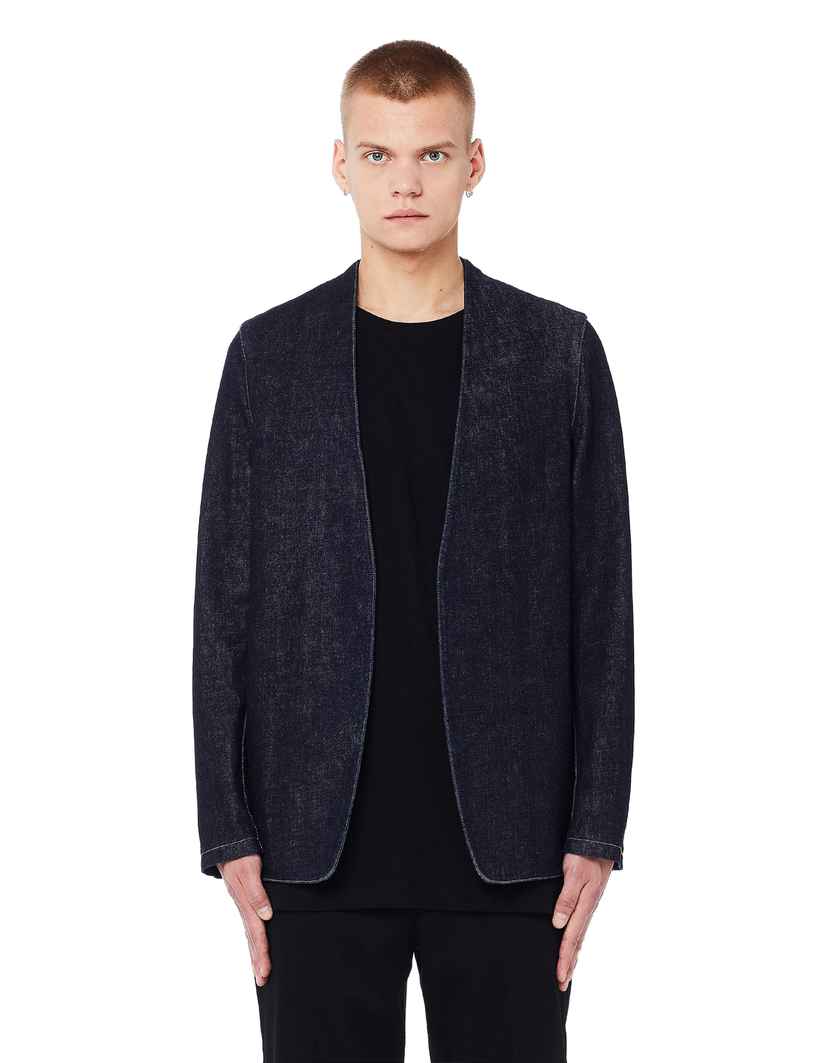Maison Margiela Navy Blue Denim Collarless Blazer | Garmentory