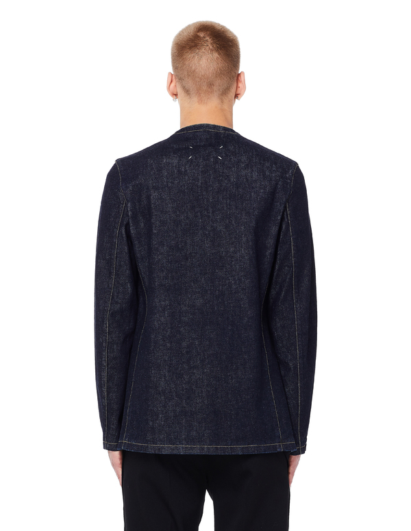 Maison Margiela Navy Blue Denim Collarless Blazer | Garmentory