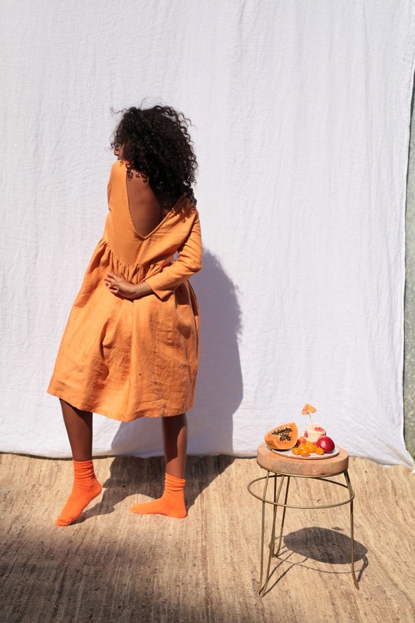 knee length dresses for ladies OLIVIA TANGERINE LINEN MINI DRESS  Her Apparel