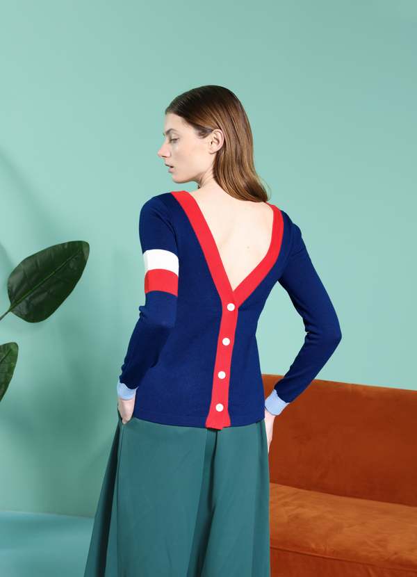 MATTER MATTERS Reversible V-Neck colour block button back wool cardigan - Navy MATTER MATTERS Reversible V-Neck colour block button back wool cardigan - Navy