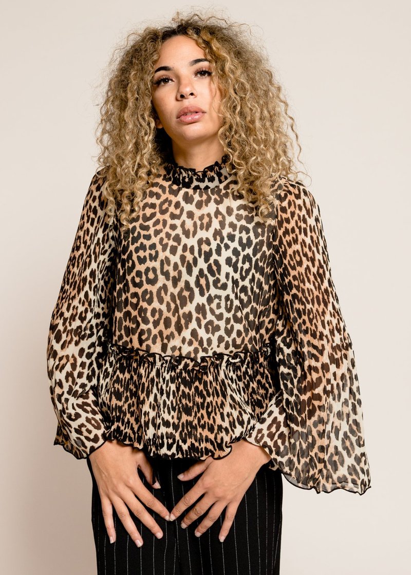 Ganni Pleated Georgette Blouse - Leopard | Garmentory