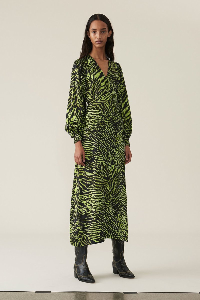 Ganni Silk Stretch Satin Wrap Dress - animal print