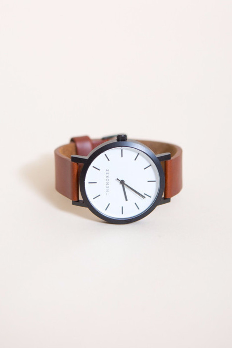 The Horse Original Leather Watch Matte Black, White Face, Dark - Main Image