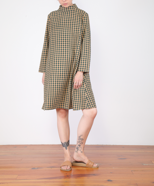 Ali Golden Mock Neck Dress - GREEN GINGHAM | Garmentory