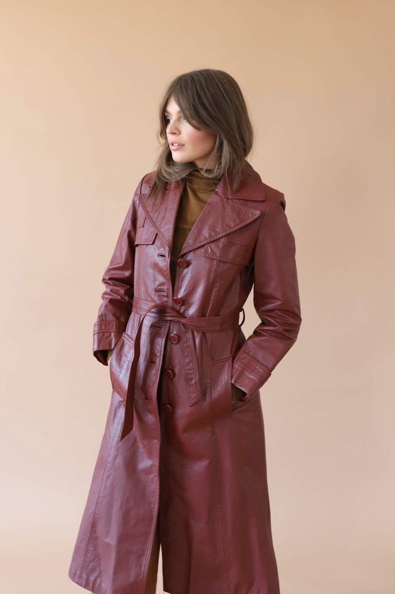 【70s】Euro Vintage All Leather TrenchCoat 70's Green Leather Trench Coat, Vintage Fitted Green Leather