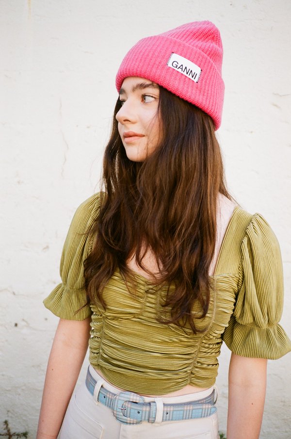 Ganni Yellow, Pink, and Brown Beanie Ganni | Accessories | Ganni Pink Brown And Tan Knit Beanie  main image 2