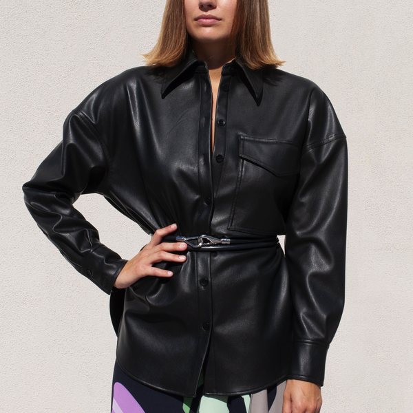 Tibi Faux Leather Utility Blouse - Black | Garmentory