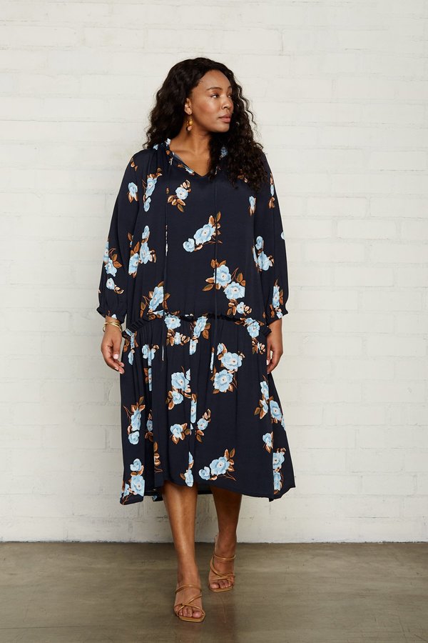 knee length dresses for ladies Nera Black Floral Embroidered Midi Dress – Frock and Frill main image 0
