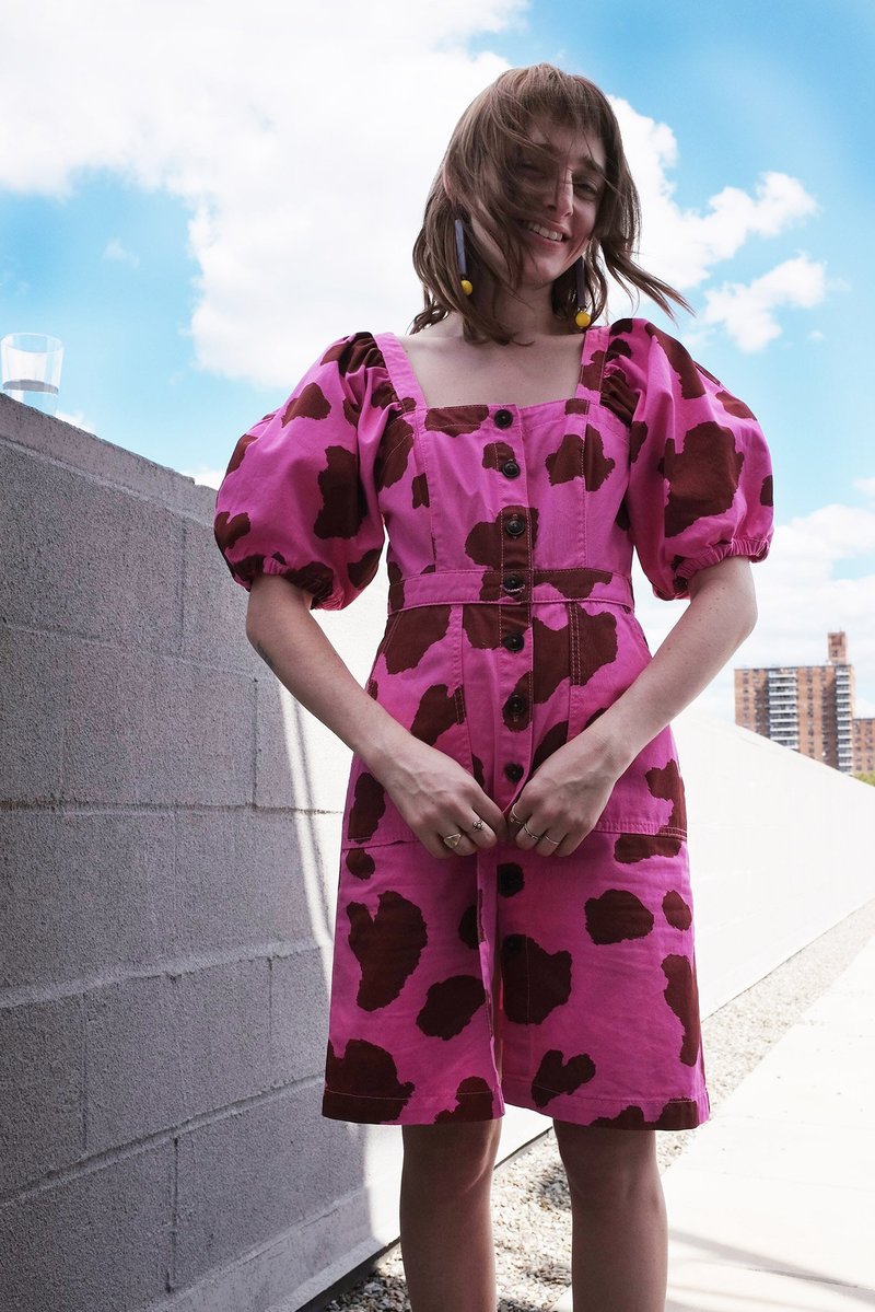 Rachel Antonoff India Puff Sleeve Dress - Pink/Brown Cow Spot
