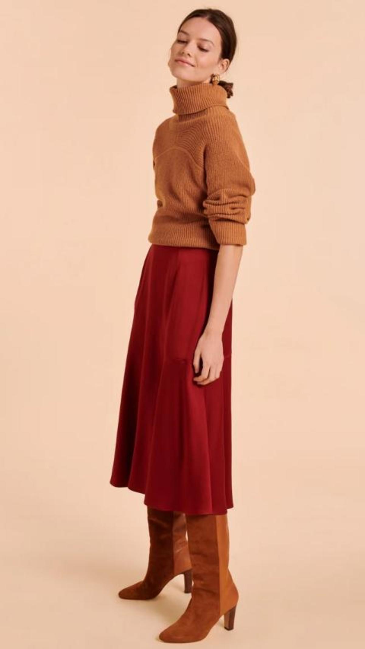 Tara Jarmon Mahogany Joy Crepe Satin Skirt - Burgundy - Image 1 of 3