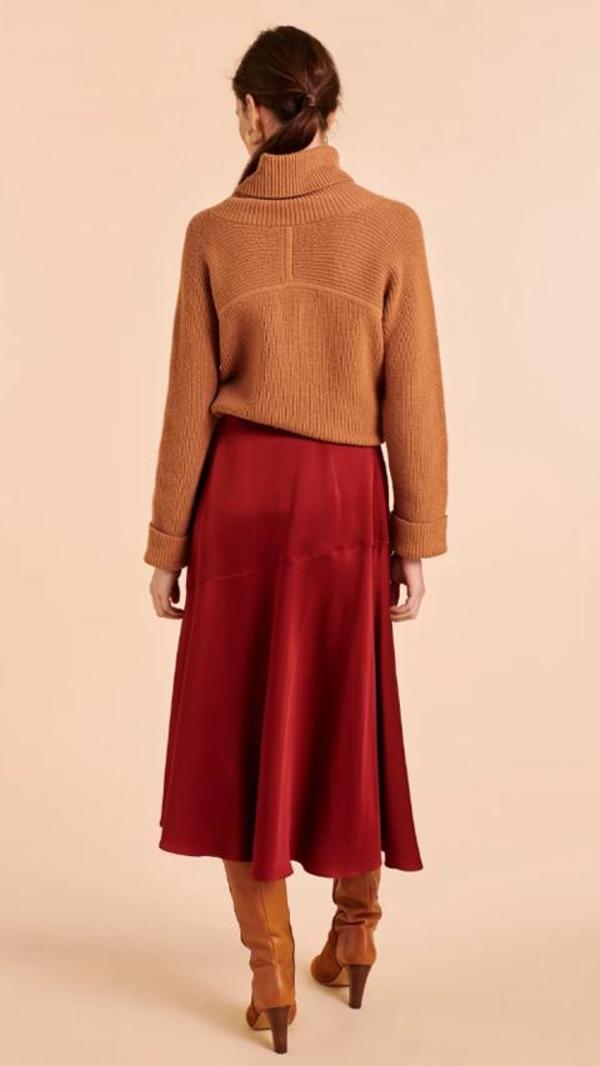 Tara Jarmon Mahogany Joy Crepe Satin Skirt Burgundy Garmentory