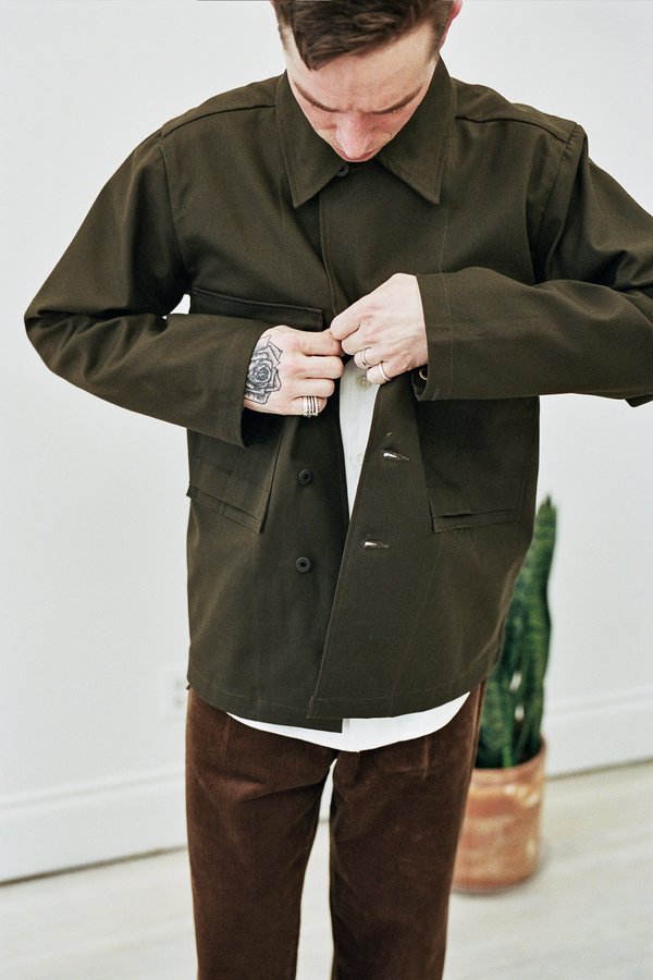 Evan Kinori Bellow Pocket Jacket 2 x 1 Cotton Twill - Dark Olive