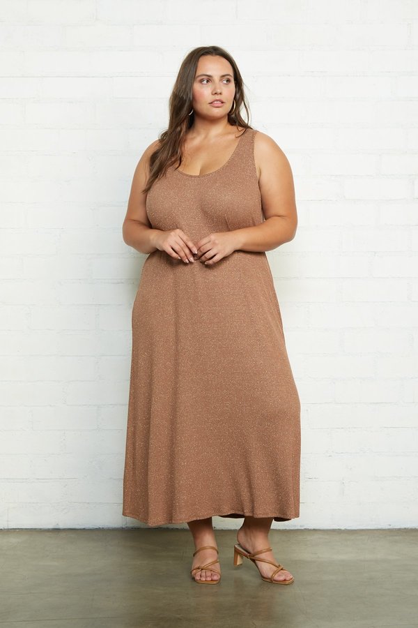 Rachel Pally Fiona Plus Size Metallic Rib Dress - Caramel/Gold | Garmentory Rachel Pally Fiona Plus Size Metallic Rib Dress - Caramel/Gold | Garmentory
