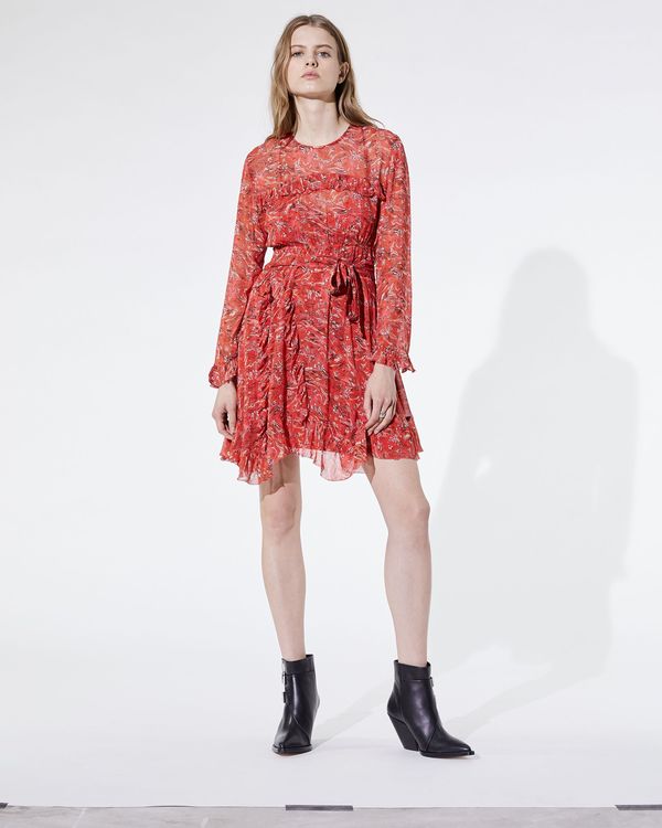 iro red dress $396 Iro Women's Red Long Sleeve Tie Waist Wrap Drape Mini Dress Sz FR 42/  US 10