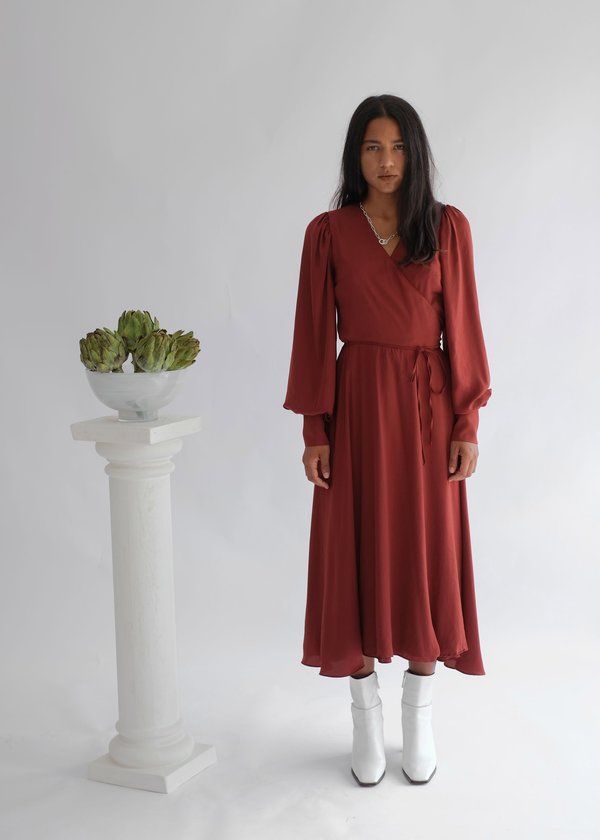 OhSevenDays The Sunday Bishop Sleeve Satin Wrap Midi Dress - Merlot |  Garmentory