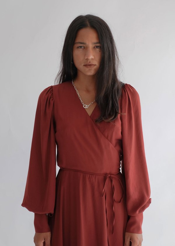 OhSevenDays The Sunday Bishop Sleeve Satin Wrap Midi Dress