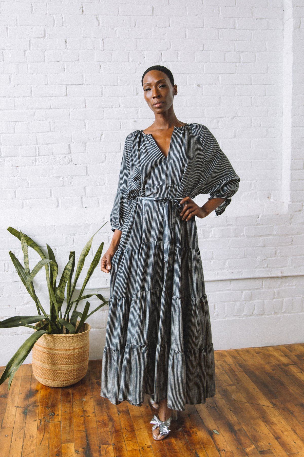 Voloshin Willow Silk Peasant Dress - Ebony Stripe | Garmentory