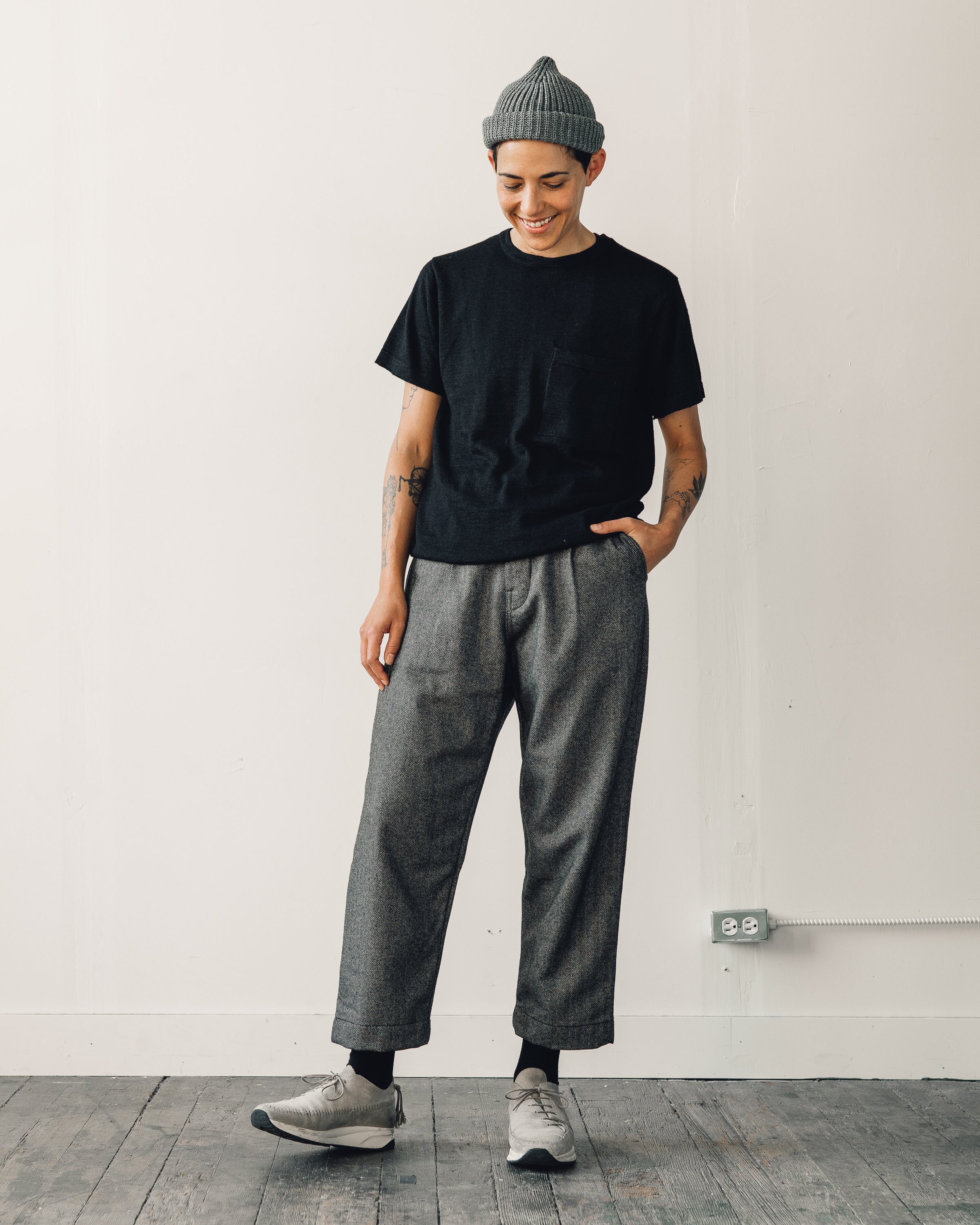 evan kinori 黒 pant 32 single pleat wool Single Pleat Pant - Brushed Wool/Cashmere Flannel, Navy