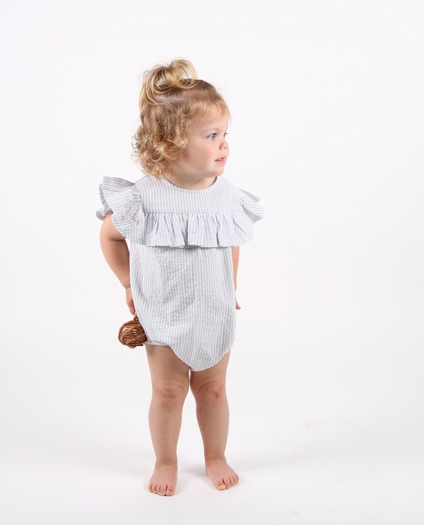 KIDS Feather Drum FRILL ONESIE - BLUE PINSTRIPE SEERSUCKER KIDS Feather Drum FRILL ONESIE - BLUE PINSTRIPE SEERSUCKER