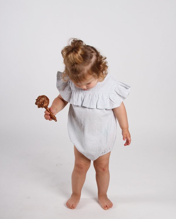 KIDS Feather Drum FRILL ONESIE - BLUE PINSTRIPE SEERSUCKER KIDS Feather Drum FRILL ONESIE - BLUE PINSTRIPE SEERSUCKER