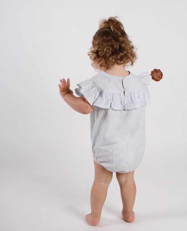 KIDS Feather Drum FRILL ONESIE - BLUE PINSTRIPE SEERSUCKER KIDS Feather Drum FRILL ONESIE - BLUE PINSTRIPE SEERSUCKER