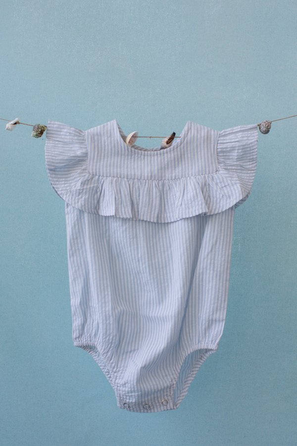 KIDS Feather Drum FRILL ONESIE - BLUE PINSTRIPE SEERSUCKER KIDS Feather Drum FRILL ONESIE - BLUE PINSTRIPE SEERSUCKER