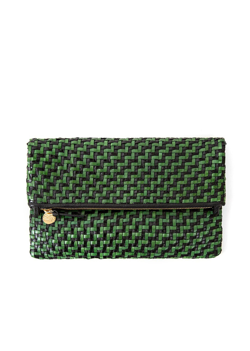 Clare V | Foldover Clutch - Black/Green Woven Zig Zag
