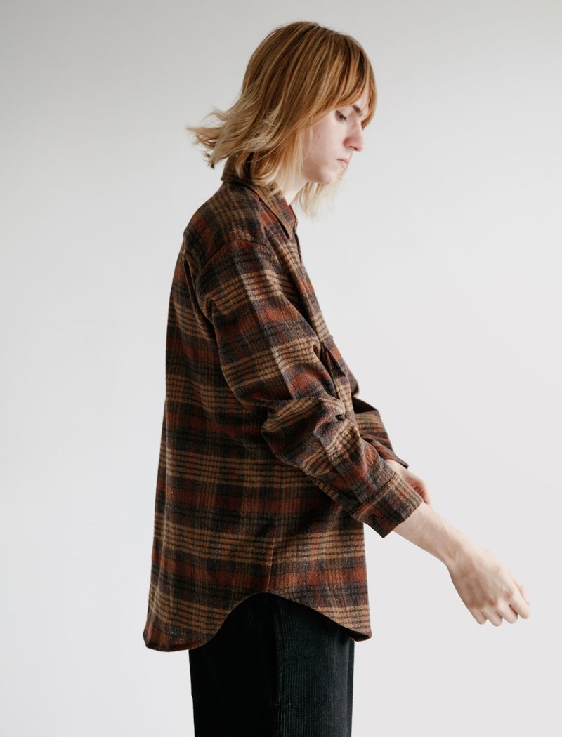 シャツ EVAN KINORI 19AW Wool Gauze Check Evan Kinori Wool Gauze Big Shirt - Charcoal/Rust Check | Garmentory