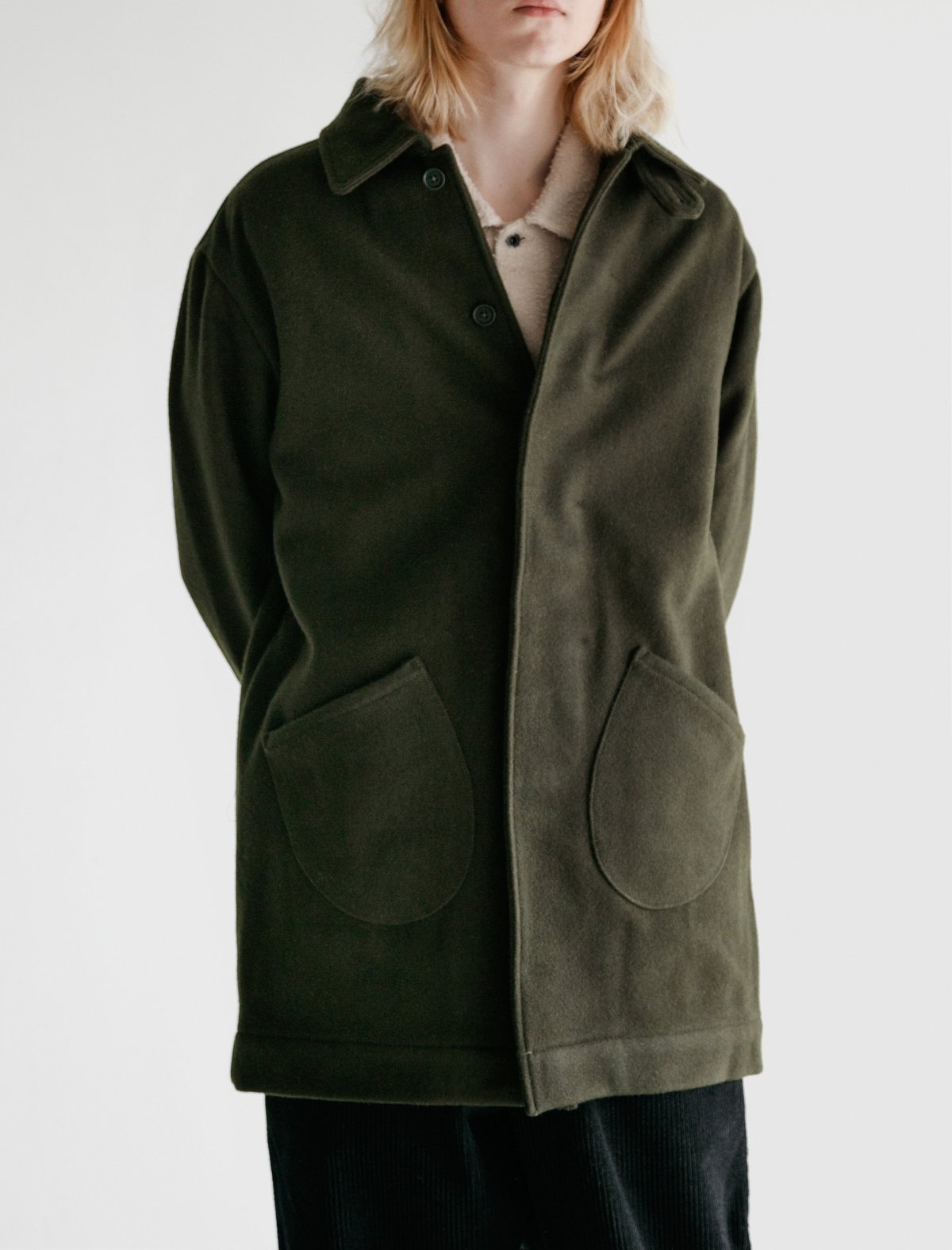 Evan Kinori Melton Wool Covered Placket Coat Dark Olive Garmentory